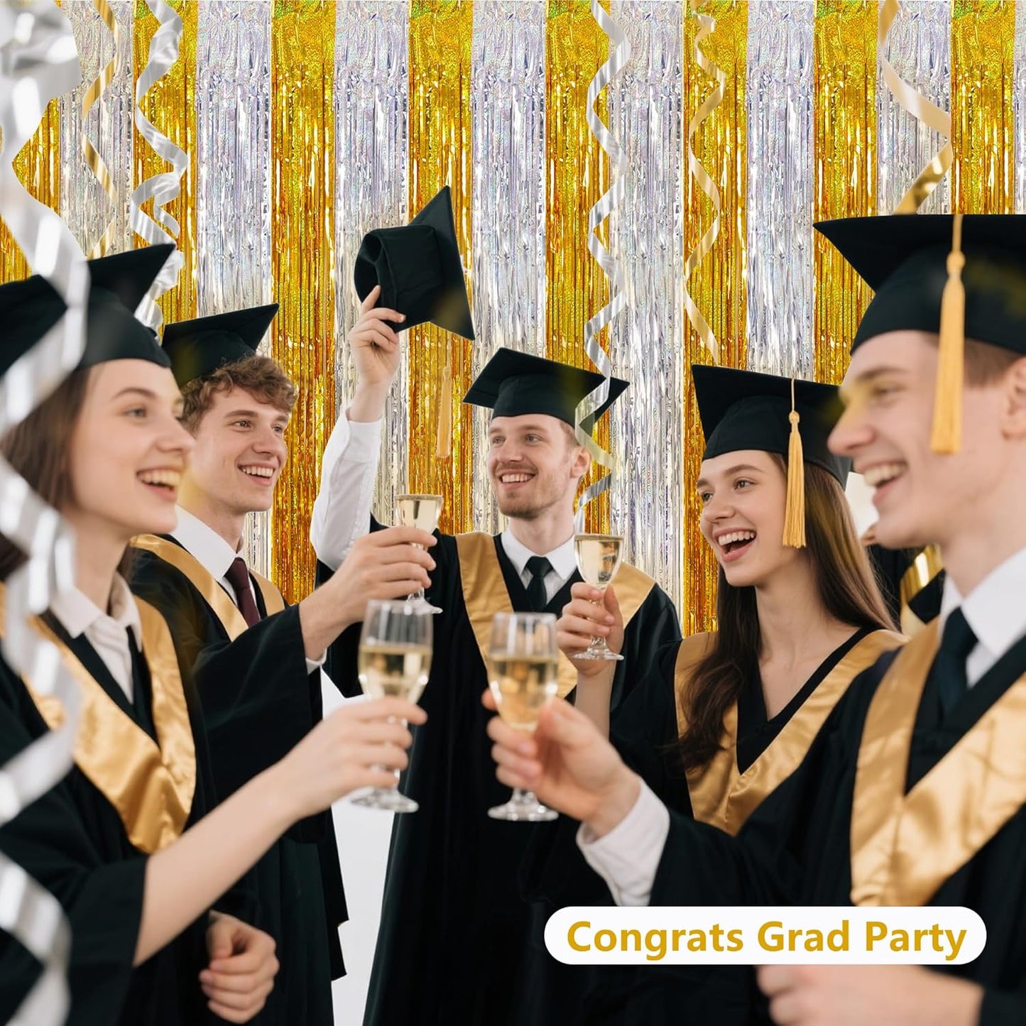 BEISHIDA Gold Silver Door Streamers Backdrop Foil Fringe Tinsel Party Streamers Curtains Photo Backdrop - 2Pcs for Birthday Graduation Bachelorette Party Decoations