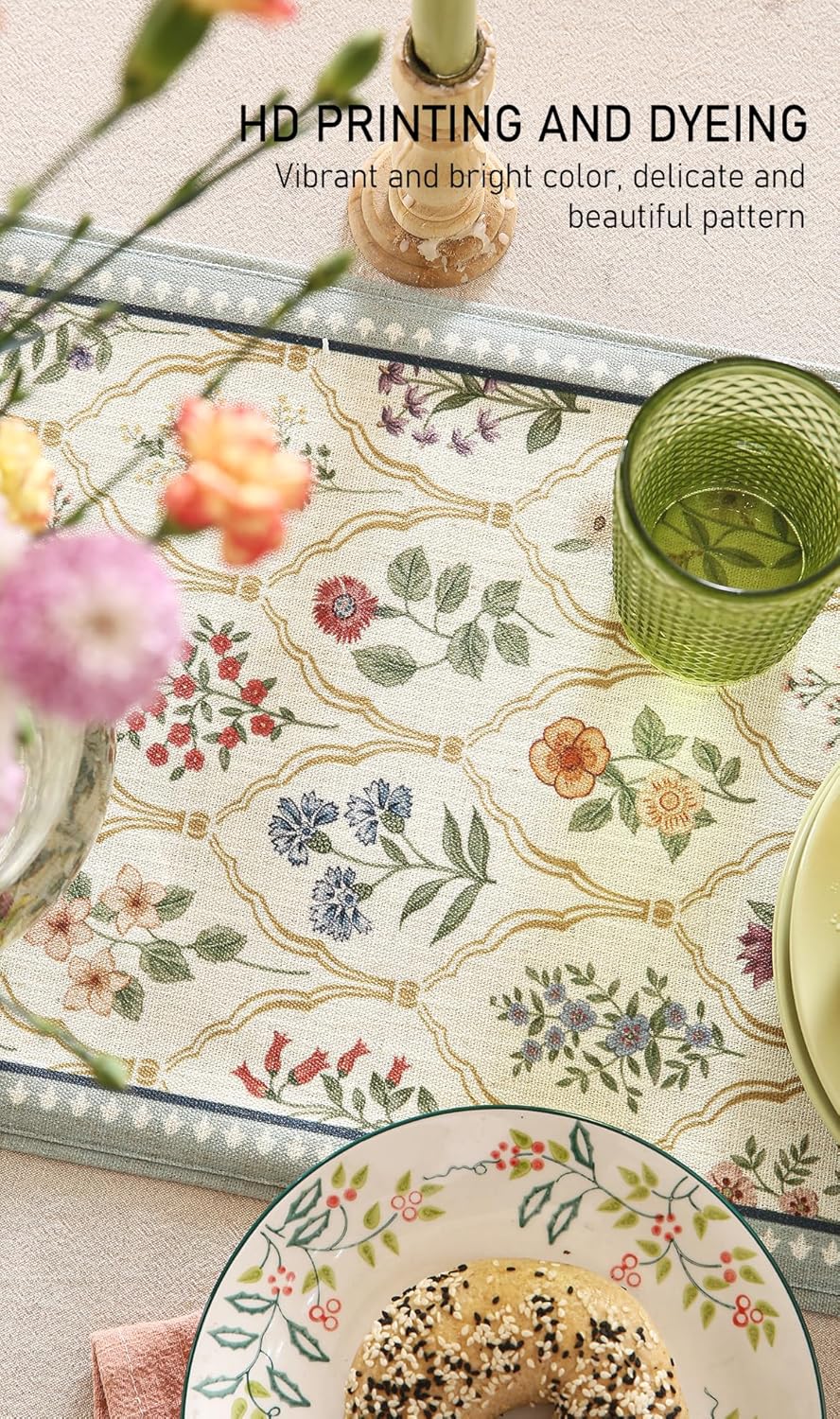 ISAENNE Designer Vintage Elegant Linen Table Runner 102 Inches Long,Colorful Wildflower Pattern Runner,Decor Table Runners for Dining Tables,Thanksgiving,Christmas,Banquet,12"*102"-Serenity B