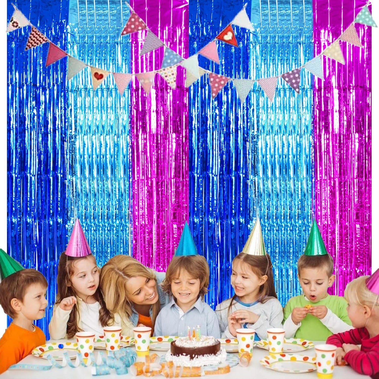 TONIFUL Blue Pink Door Streamers,Blue and Pink Photo Booth Backdrop Metallic Streamers Foil Fringe Curtain for Birthday,New Year,Graduation,Grad,Baby Shower Party Streamers Decoration