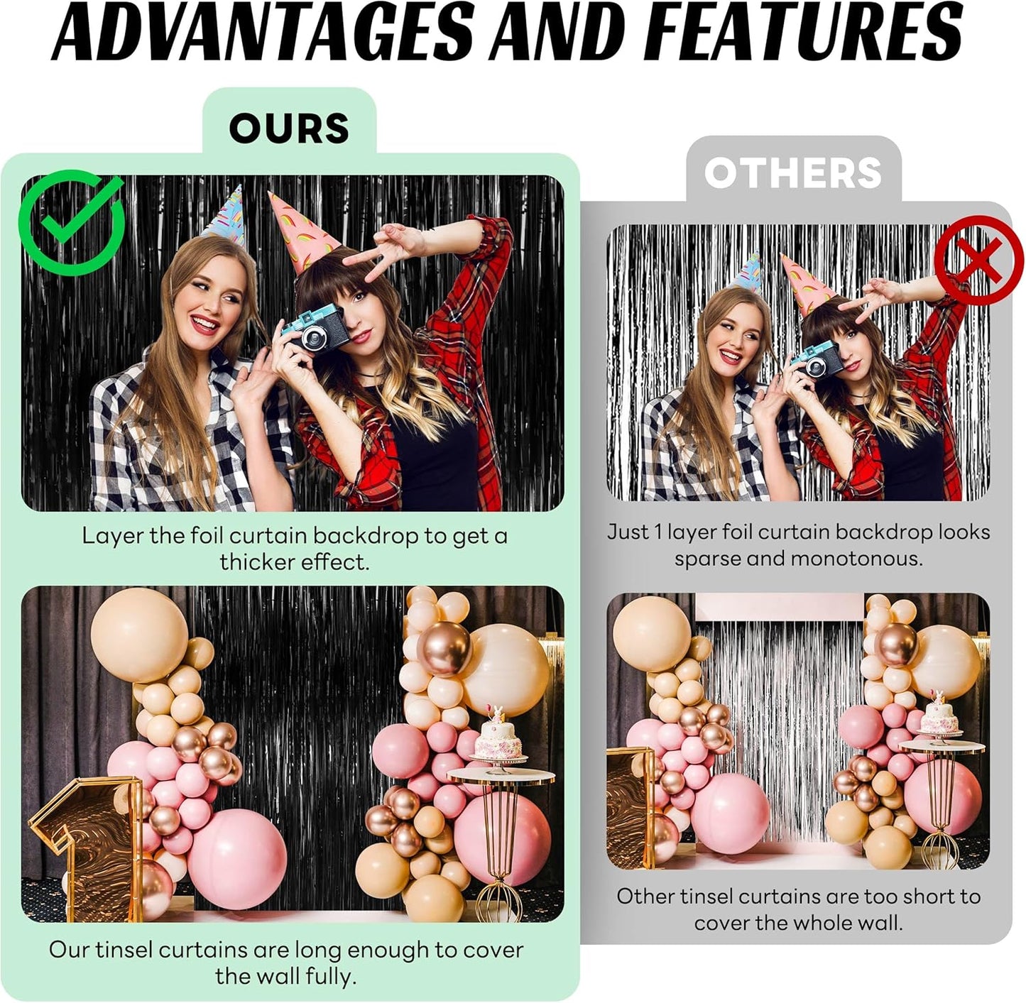 BTSD-home 4 Pack Black Foil Fringe Curtain Backdrop Metallic Photo Booth Backdrop Tinsel Curtains for Bachelorette Birthday Bridal Shower Party Decorations(3ft x 8ft)