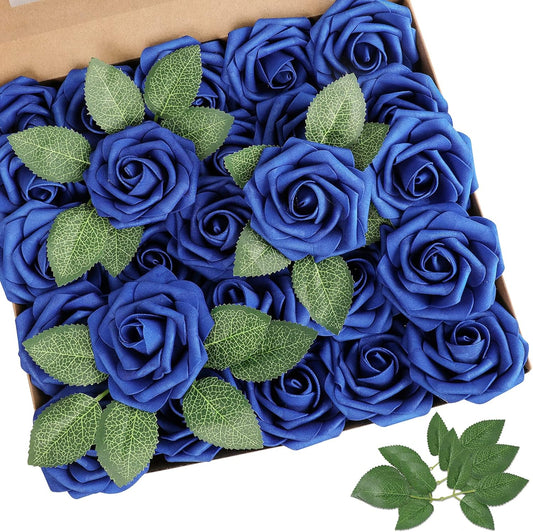 AmyHomie Artificial Flower Royal Blue Rose 25pcs Real Looking Fake Roses w/Stem for DIY Wedding Bouquets Centerpieces Arrangements Party Baby Shower Home Decorations