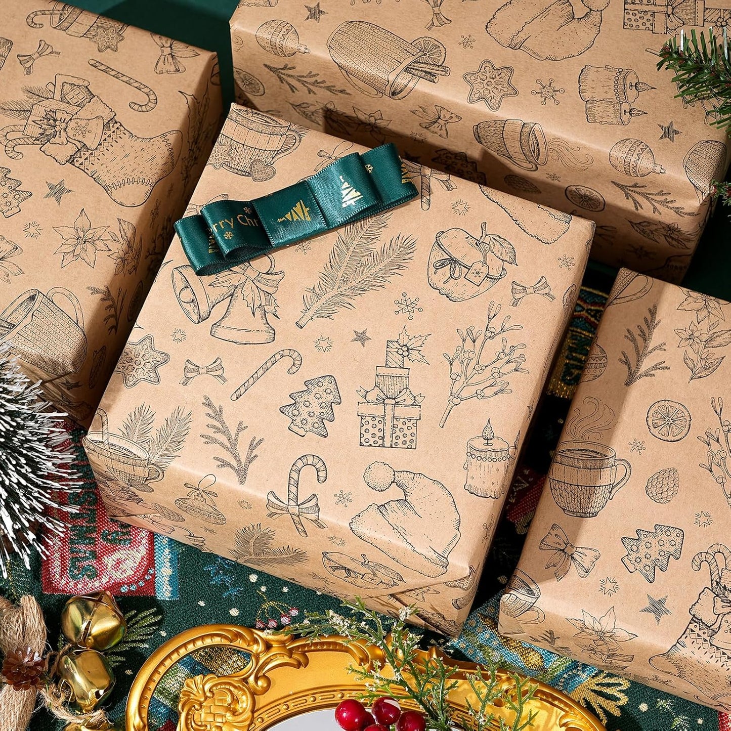 Ulmasinn Vintage Christmas Wrapping Paper Roll - Brown Kraft Paper 17" x33ft - with Cutting Line, Hand-Drawn Holiday Elements, Xmas Gift Wrap for Presents, Table Decor & Crafting