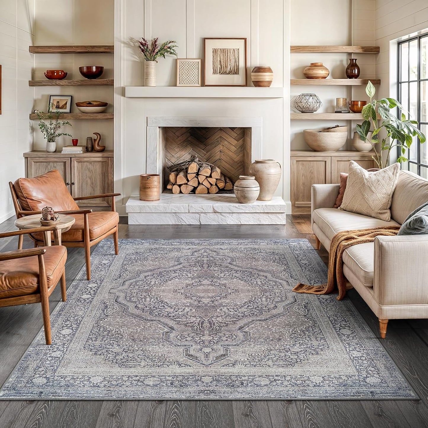 Bloom Rugs Washable Non-Slip 6' x 9' Rug - Blue/Steel Gray/Beige Traditional Medallion Area Rug for Living Room, Bedroom, Dining Room, and Kitchen - Exact Size: 6' x 9'