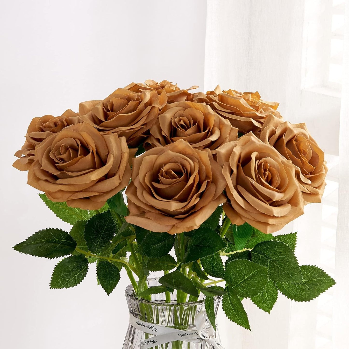 Artificial Rose 10pcs Open Flower Bouquet Faux Rose Stems for Wedding Arrangement, Bridal Bouquet, Centerpiece, Fake Faux Silk Flowers (Toffee)