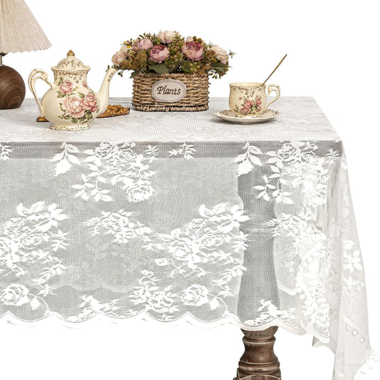 Jayla White Lace Tablecloth for Rectangular Tables, Vintage Style Wedding Table Cloths for Reception, Baby Shower, Birthday Party, Formal Dining, Dinner Parties 54 X 80 Inches