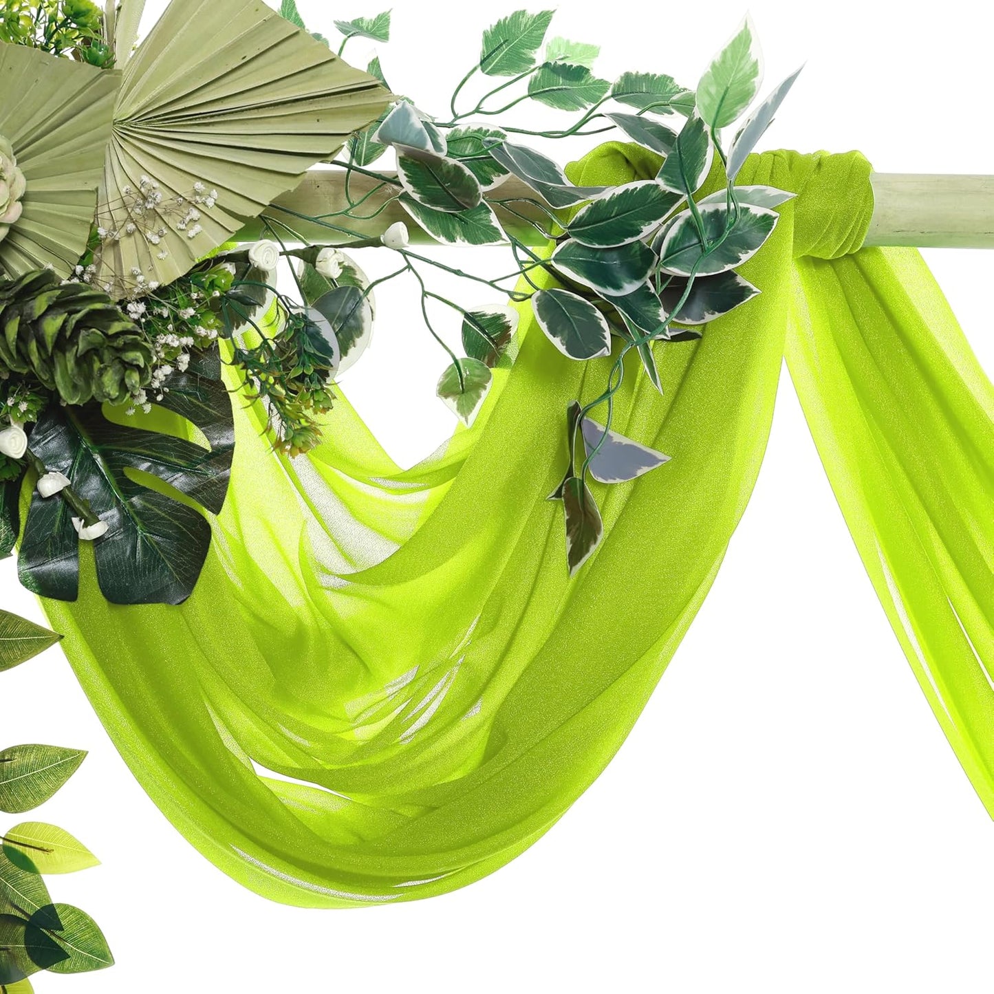 VDS Pack of 2 Panel (30 Inch X 50 Feet) Wedding Arch Draping Fabric Sheer Chiffon Fabric Drapery for Wedding Ceremony Reception Swag Backdrop Canopy Chuppah ARBO Altars Decoration (Parrot Green)