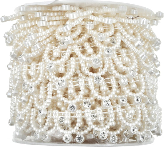 Mandala Crafts 0.75 Inch Crystal Faux White Pearl Beads Roll - 10 Yards Strand of Rhinestones Fake Pearls Chain Garlands Spool String for Christmas Tree, Wedding, Party, Vases, DIY Decoration