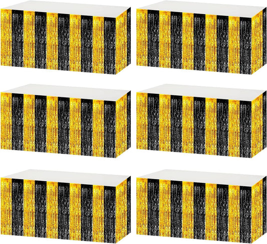 6 Pack 29x108 Inch Black Gold Metallic Foil Fringe Tinsel Table Skirts for Rectangle Tables Streamer Curtains Backdrop for Wedding, Parade Floats, Valentine's Day Birthday Graduation Party Decoration