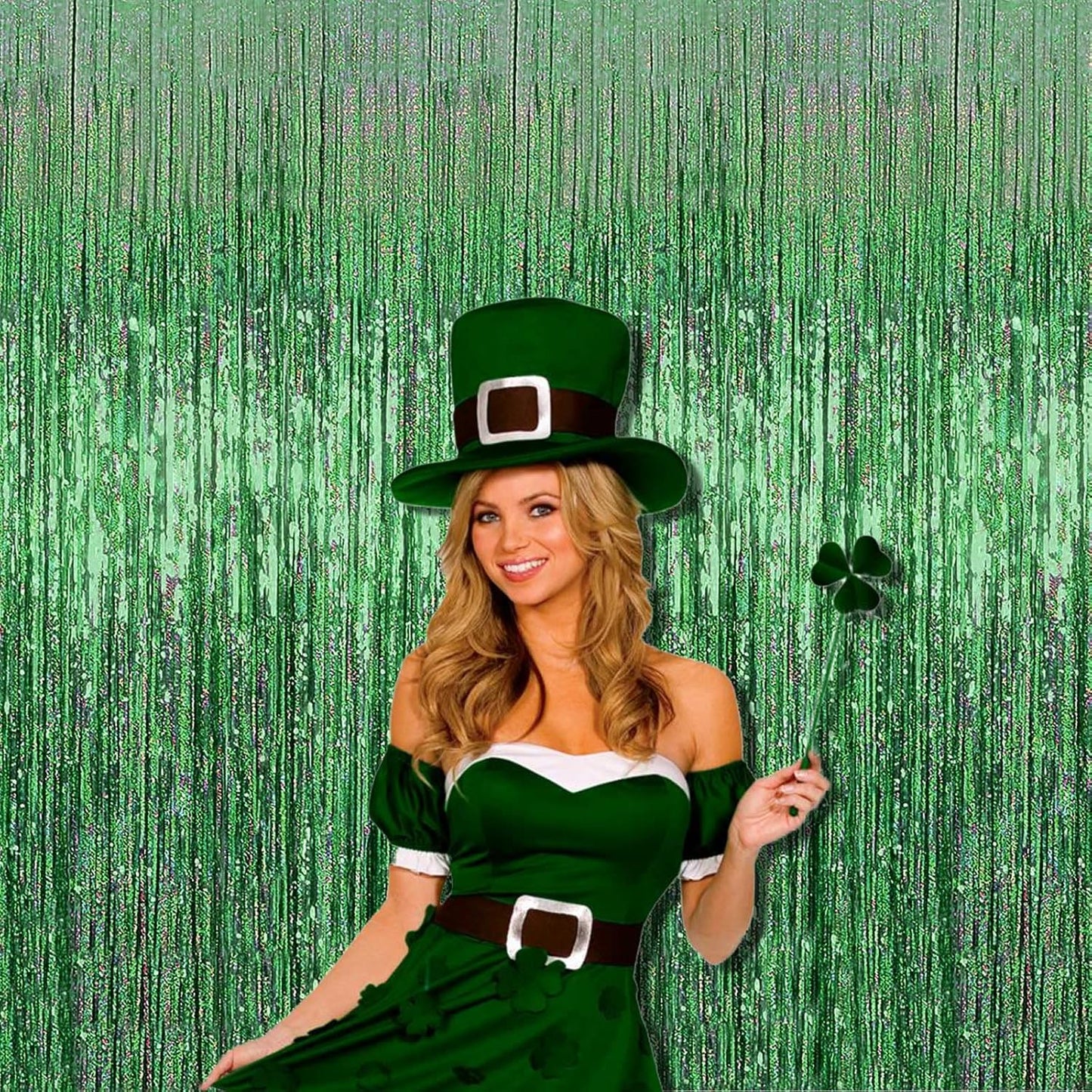 4 Pack Light Green Tinsel Foil Fringe Curtain Backdrop, 3.28Ft x 8.2Ft Metallic Streamers for Photo Booth Props Wedding Bridal Shower Bachelorette Birthday Halloween Christmas Party Decoration