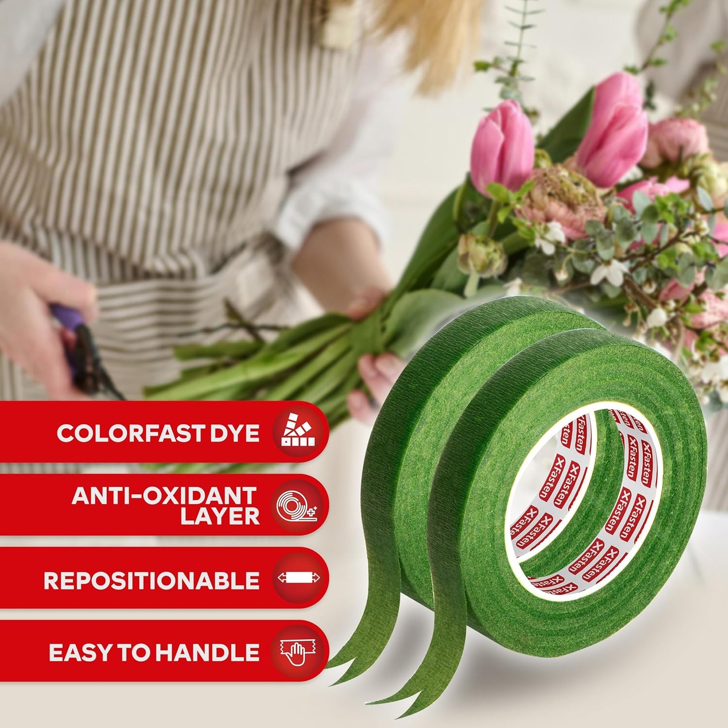 XFasten Wide Floral Tapes for Bouquet 1/2-Inch x 30 Yards - Dark Green (2-Pack) Bouquet Stem Wrap Tape for Florist – Waterproof Boutineer Tape for Flower Stem Wrap and Craft Adhesive