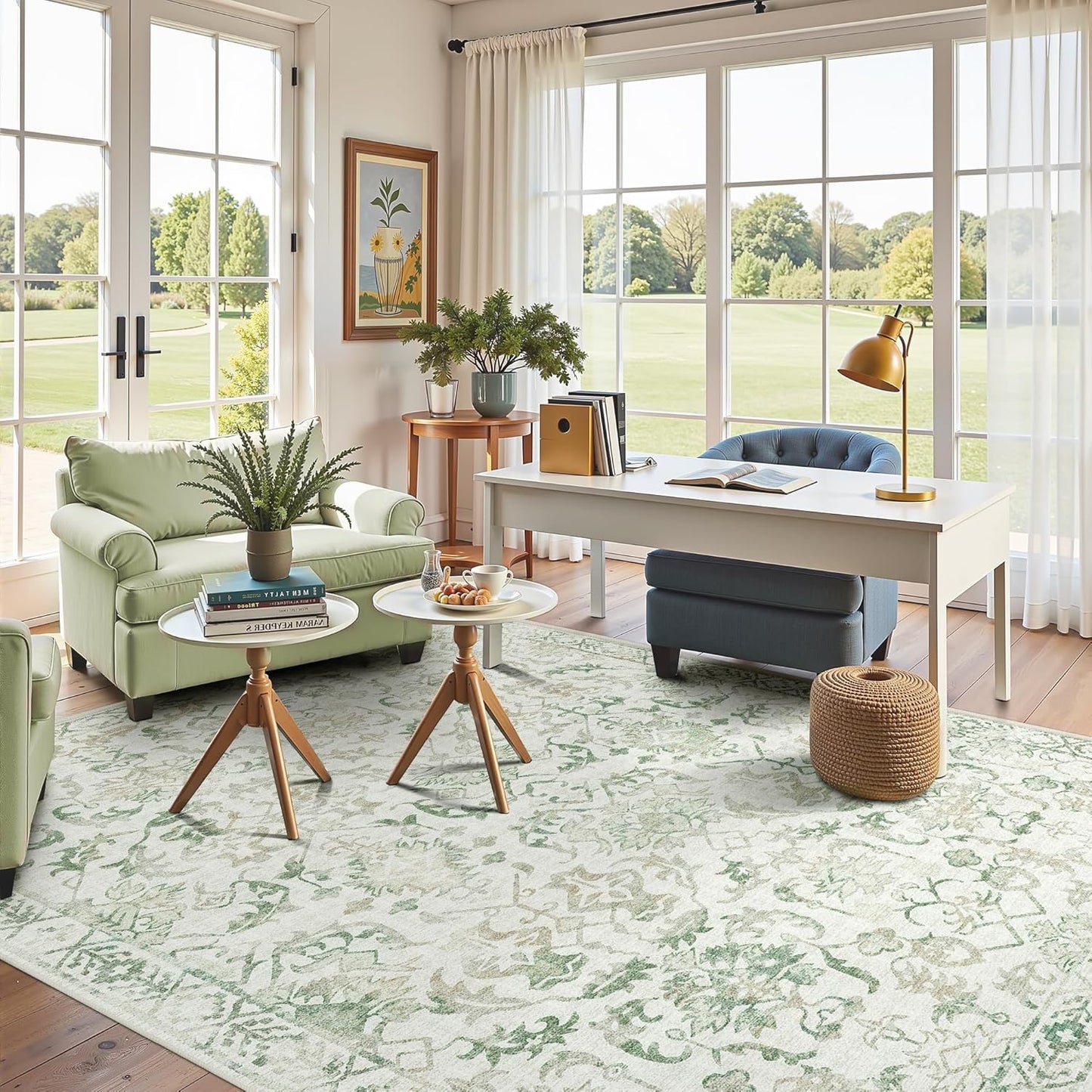 Light Green Area Rugs 5x8 for Living Room, Washable Vintage Rugs for Bedroom, Non Slip Throw Carpet for Bedroom Dining