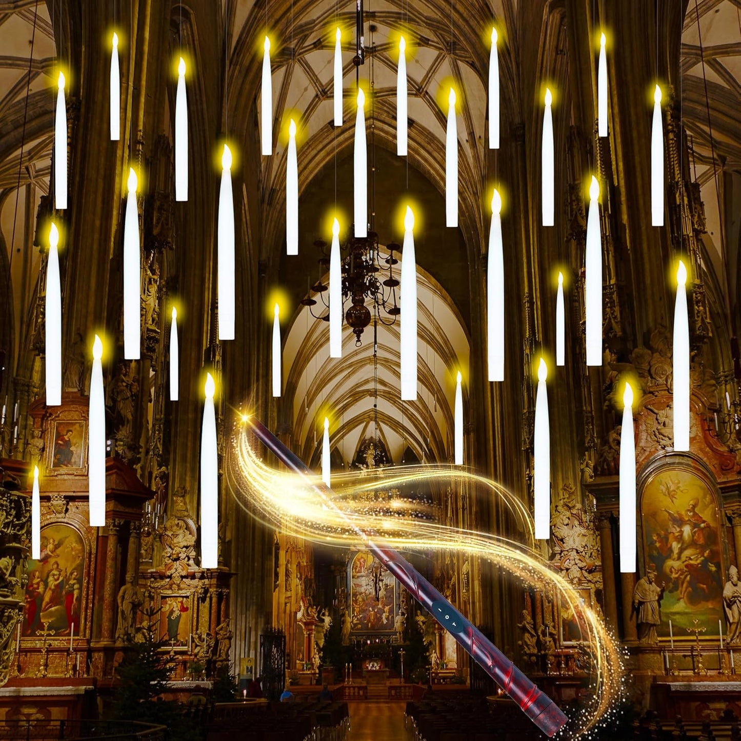 JOYIN 20Pcs Halloween Floating Candles with Wand Remote Flickering Warm Light Taper Magic Hanging Candles with 2 Light Mode and Timer Flameless LED Candle for Halloween Window Decorations Party Gift