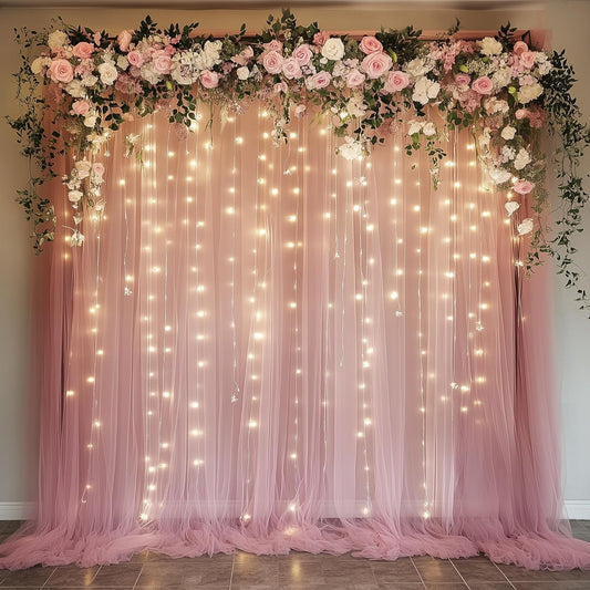 Fomcet Dusty Rose Tulle Backdrop Curtains with Lights String 10FT X 10FT Sheer Curtains with Lights Tulle Curtain Backdrop for Wedding Birthday Party Photo Shoot (2 Panels 5x10FT)