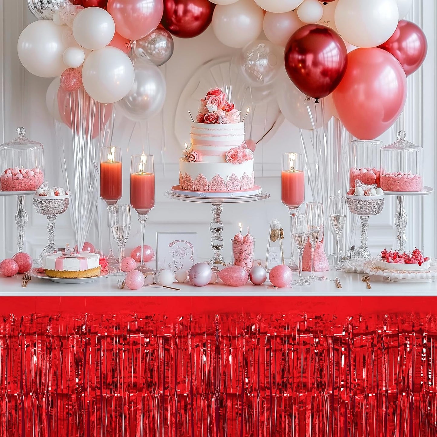 2 Pack Red Green Table Skirts, 29x108" Metallic Foil Tinsel Fringe Table Skirt for Rectangle Tables Streamer Curtains Backdrop, Party Decorations for Birthdays, Weddings, Holidays