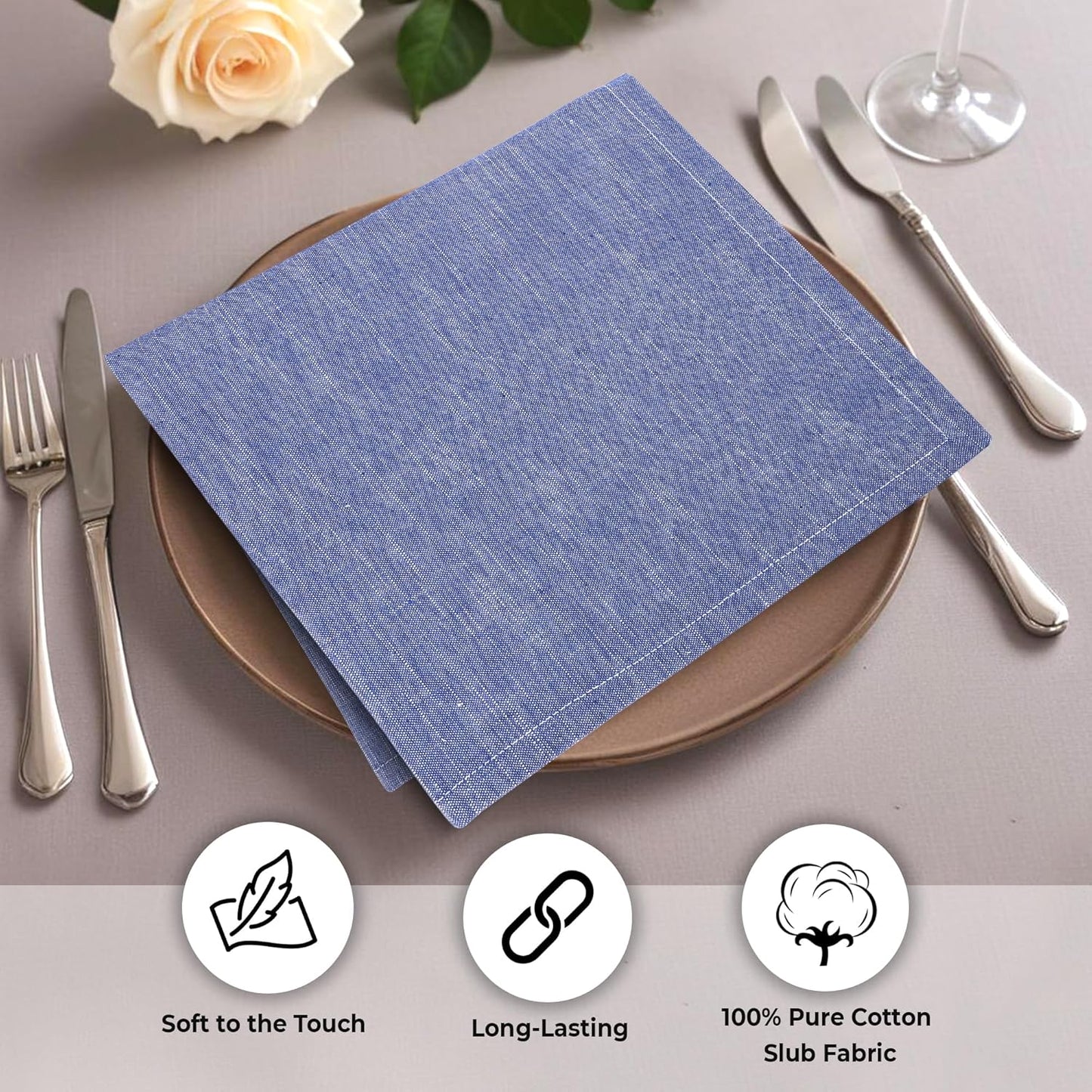 Urban Villa Cloth Napkins 100% Cotton Slub Absorbent Dinner Napkins (Set of 12) Oversized 20x20 Inches Blue White Chambray Soft Durable Reusable Washable Ideal for Everyday Use Premium Quality