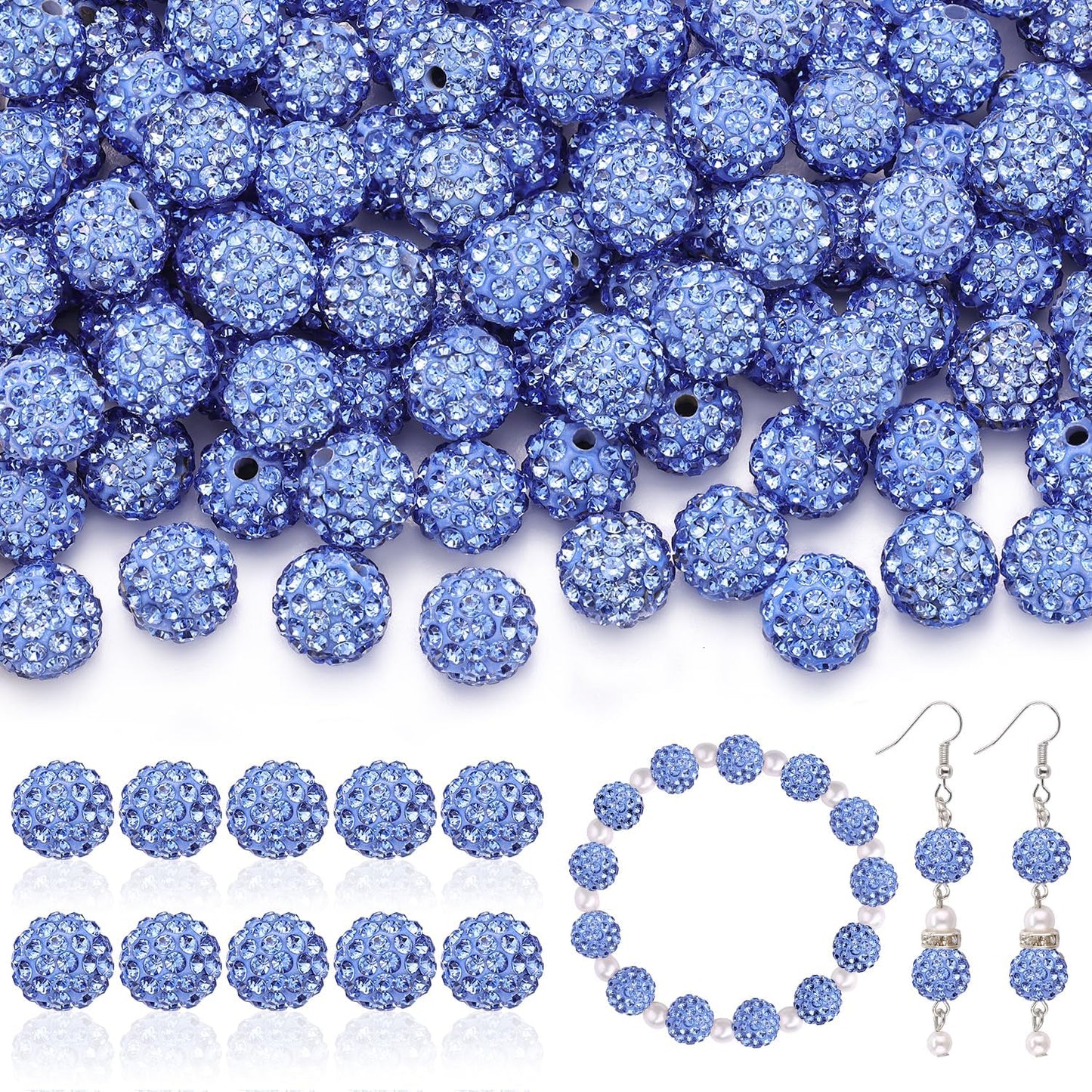 105pcs 10mm Rhinestone Beads for Jewelry Making, Light Blue Shiny Round Disco Ball Beads Bulk, Sparkle Crystal Clay Christmas for Bracelet Baseball Necklace Earring Crafting and DIY