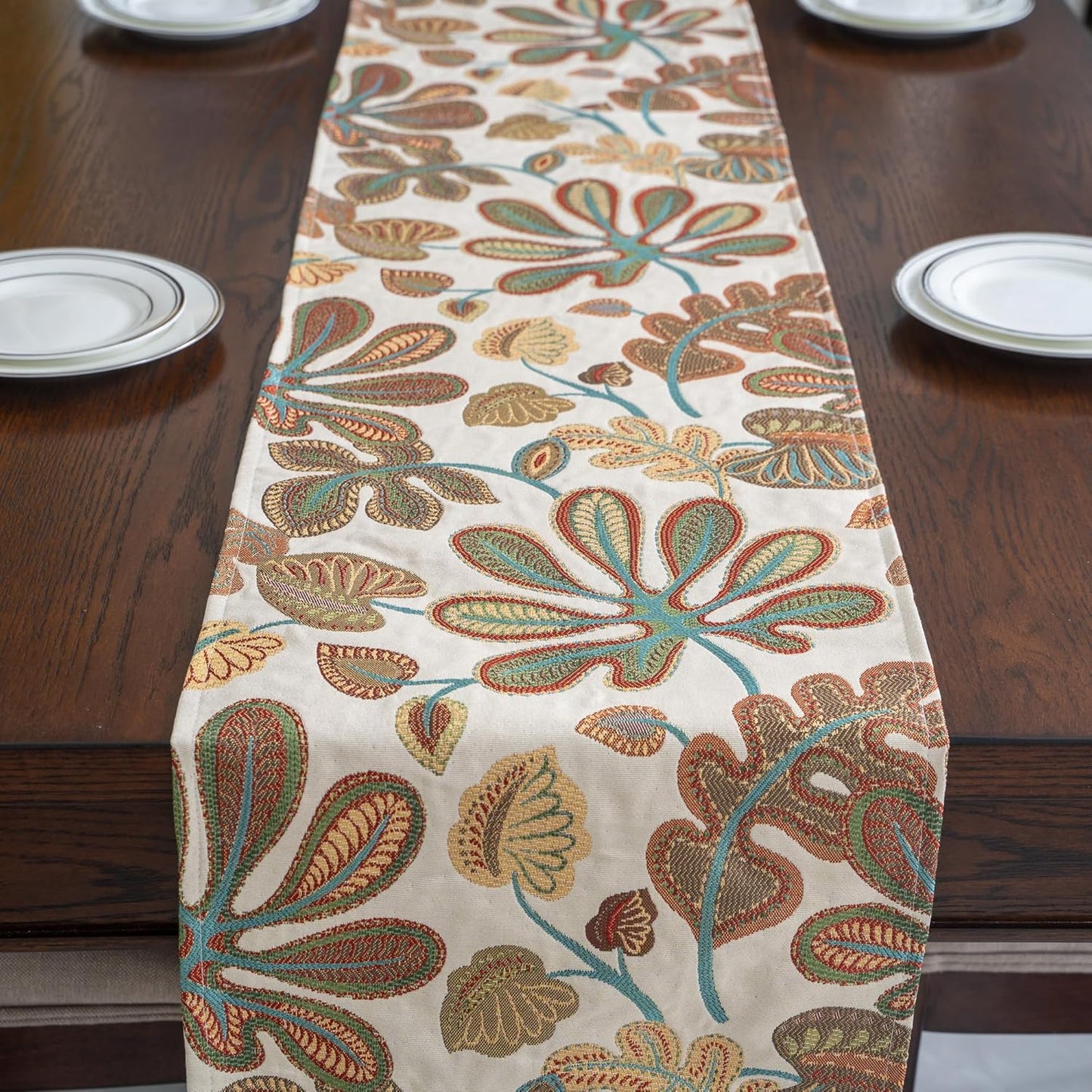 Mika Home Tropical Leaf Table Runner for Home Decor 13X90 Inches Teal Brown Seasonal Dining Table Decoration for Home