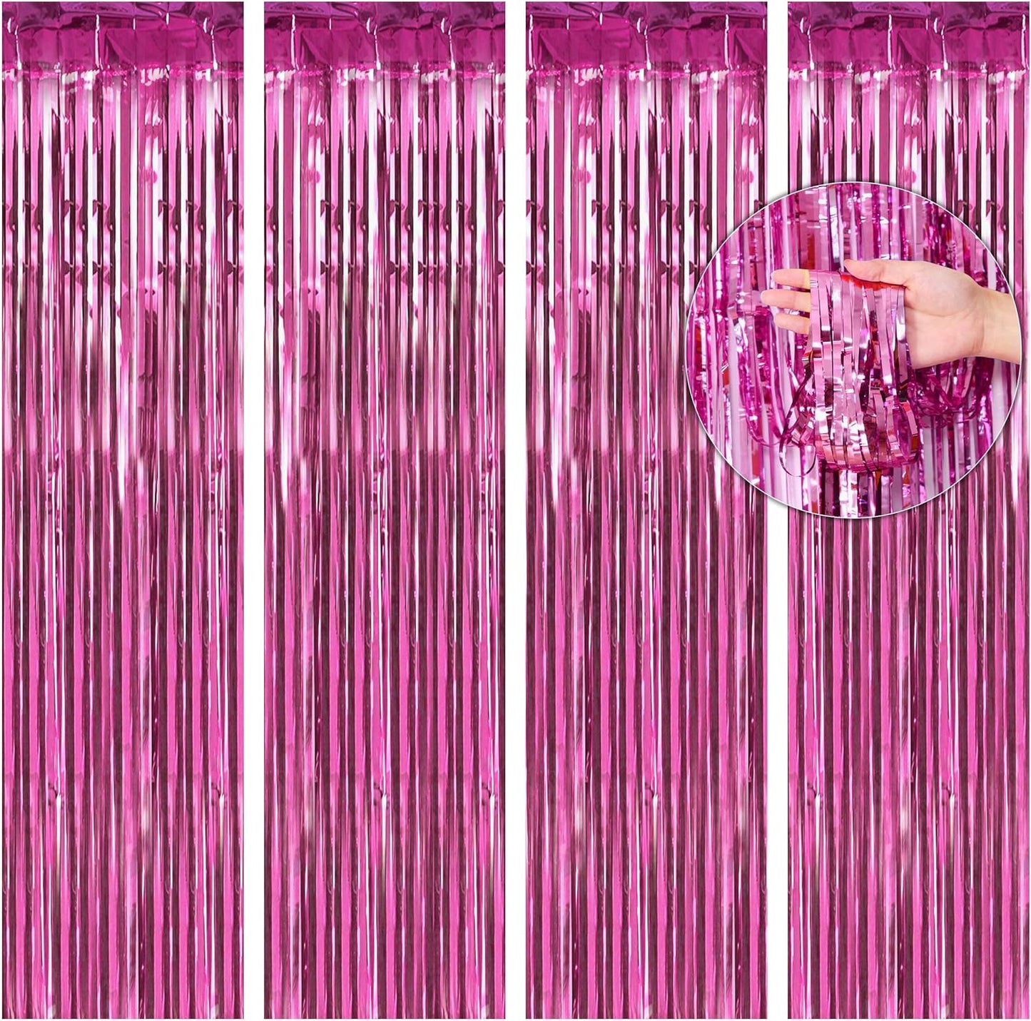 BTSD-home 4 Pack Pink Fringe Curtain, Metallic Photo Booth Backdrop Tinsel Door Curtains for Wedding Birthday Bridal Shower Baby Shower Bachelorette Christmas Party Decorations(8ft x 3ft)