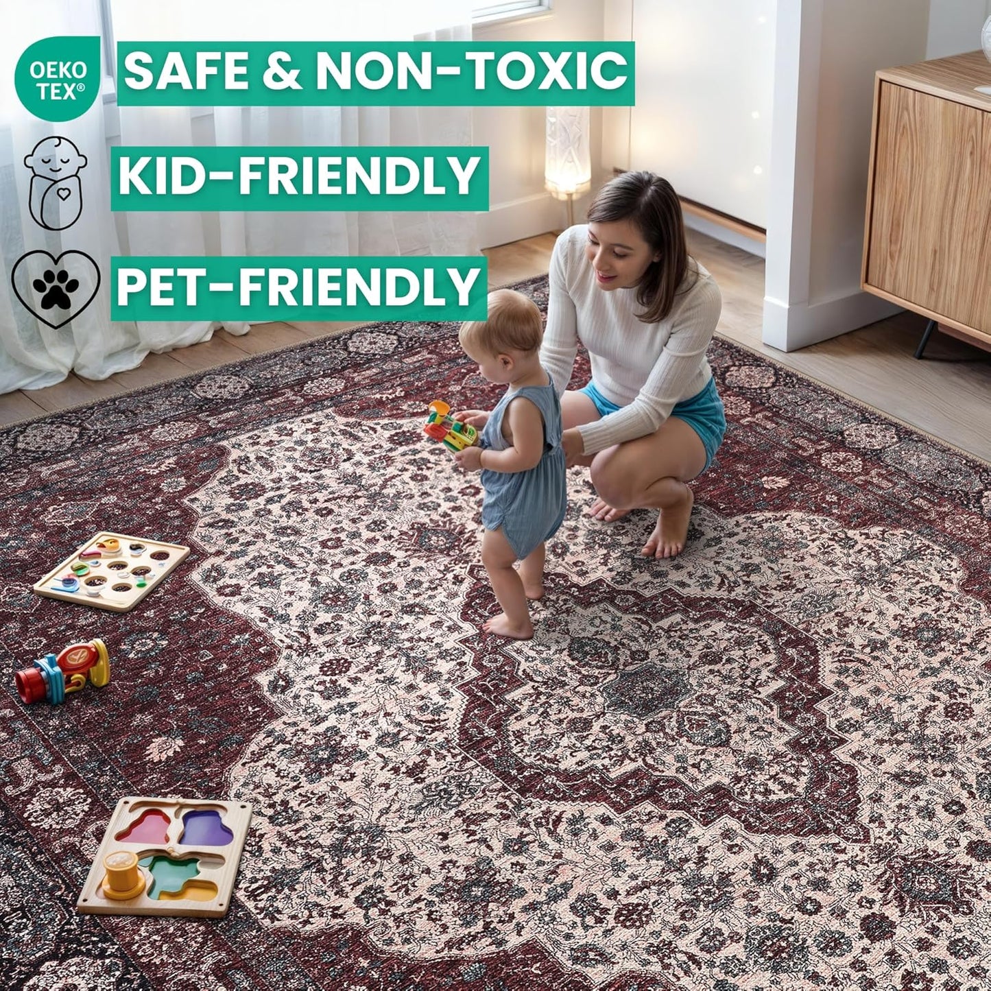 Bloom Rugs Washable Non-Slip 12 ft Runner - Red/Green/Cream Traditional Medallion Runner for Entryway, Hallway, Bathroom, and Kitchen - Exact Size: 2.5' x 12'