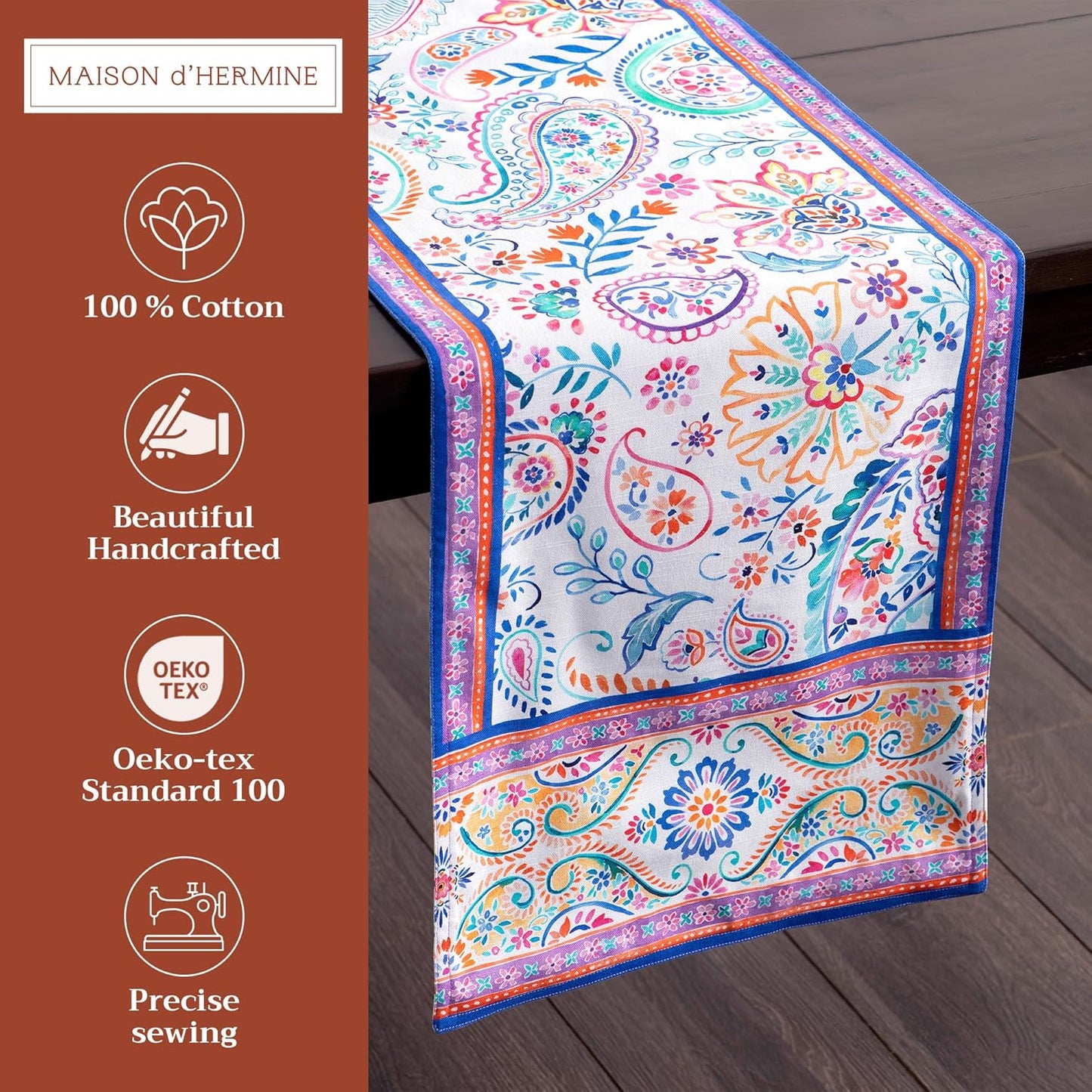 Maison d' Hermine Table Runner 100% Cotton Double Layer Table Runners 72 inches Long Decorative for Home Kitchen Dining Party Wedding Bridal Shower Spring Summer (Indian Floral, 14.50" x 72")