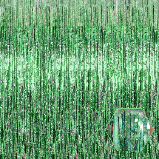3 Pack Light Green Foil Fringe Curtain Backdrop, 3.28Ft x 8.2Ft Metallic Tinsel Foil Fringe Streamer Curtains for Photo Booth, Mother's Day, Easter, Birthday, Wedding Party Decorations