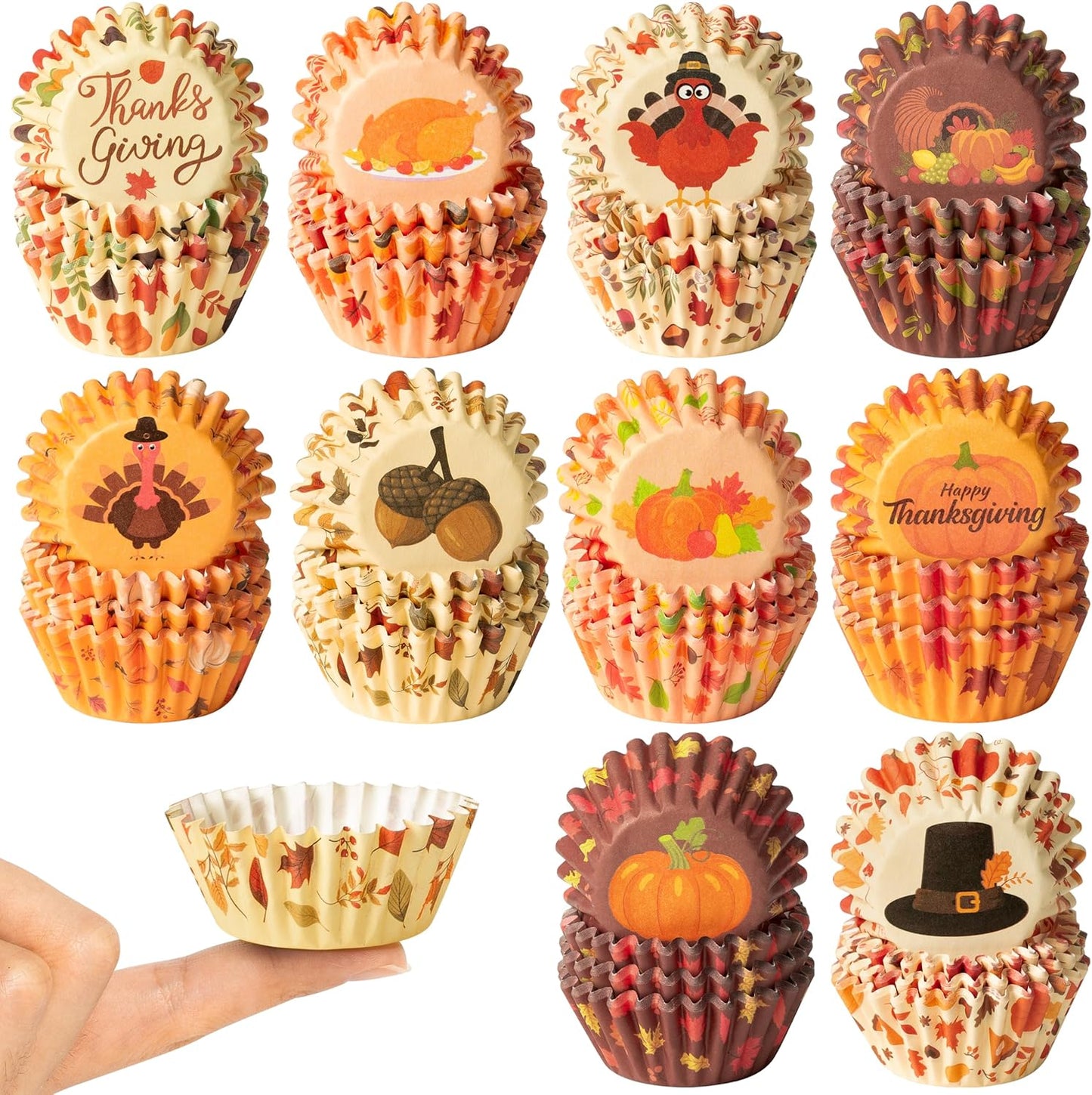 COcnny Thanksgiving Mini Cupcake Liners - 600pcs Fall Baking Cups Muffin Cupcakes Wrappers, Pumpkin Maple Leaf Turkey Cake Wrap Making Supplies for Thanksgiving Autumn Halloween Party (10 Styles)