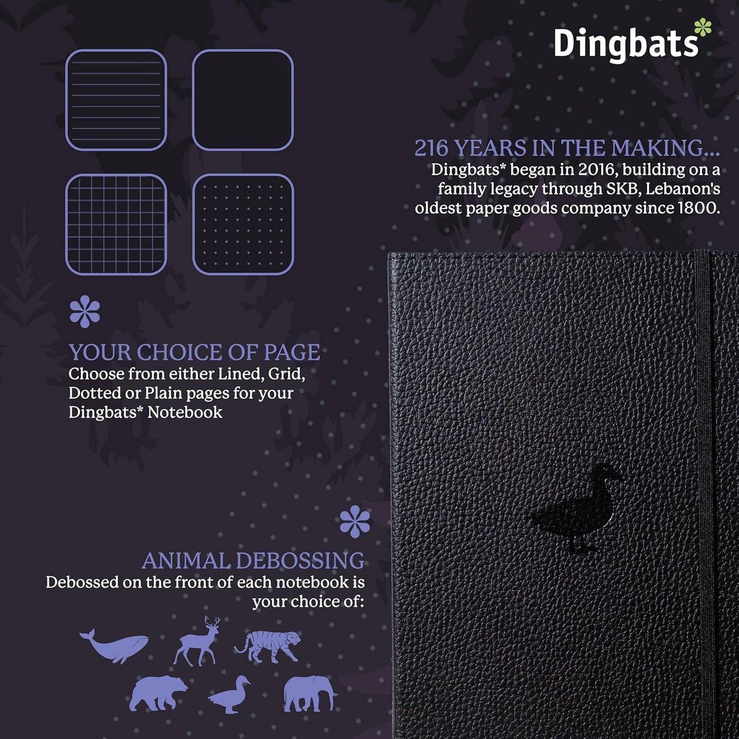 Dingbats* Wildlife Lined Writing Journal Notebook A5 - Vegan Leather Hardcover - Ideal for Work, Travel - Pocket, Elastic Closure, & Bookmark