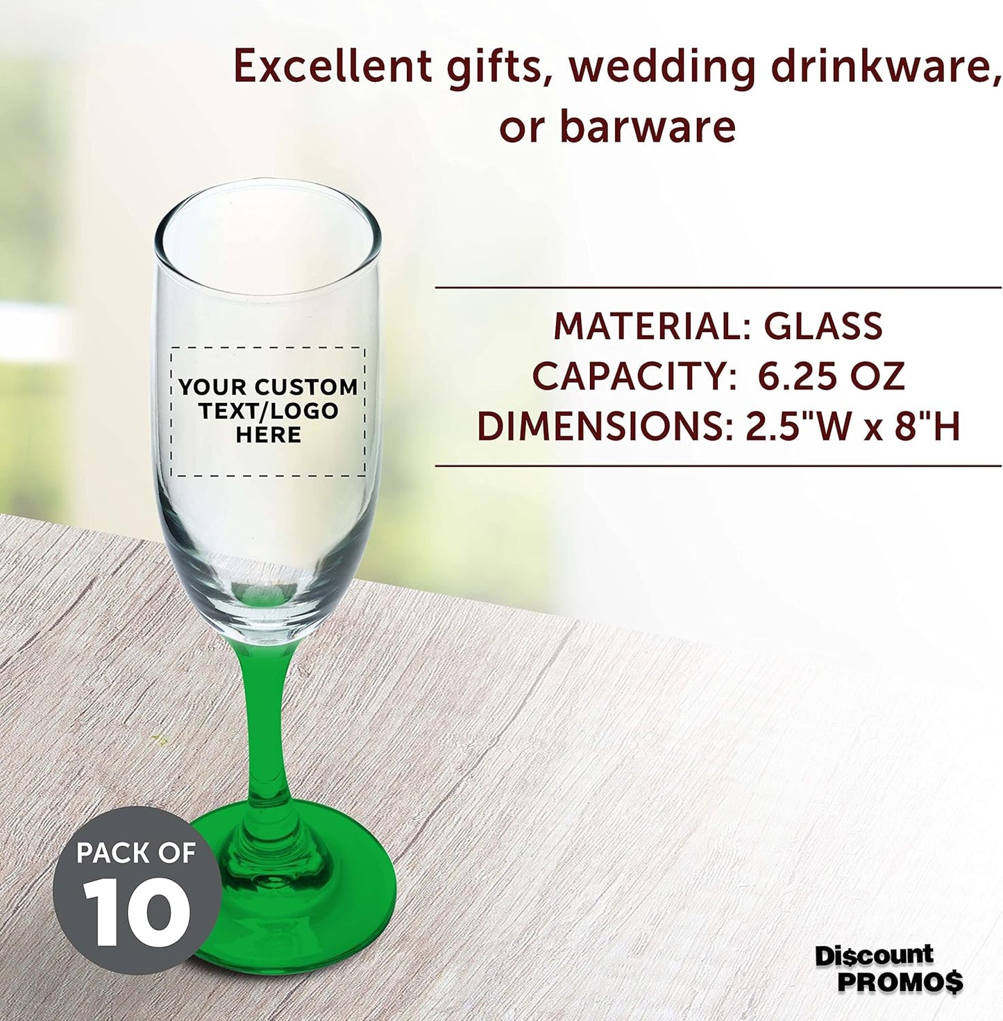 DISCOUNT PROMOS Custom Premiere Champagne Flutes 6.25 oz. Set of 10, Personalized Bulk Pack - Elegant Drinkware for Weddings, Events, & Promotional Gifts - Green