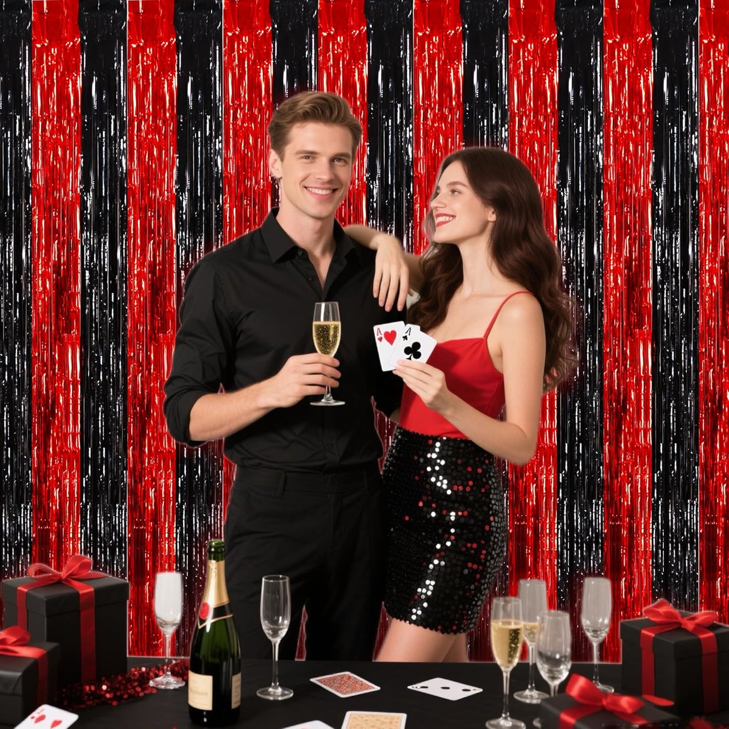 BEISHIDA Red Black Door Streamers Backdrop Foil Fringe Tinsel Party Streamers Curtains Photo Backdrop - 2Pcs for Birthday Graduation Bachelorette Halloween New Year Party Decoations