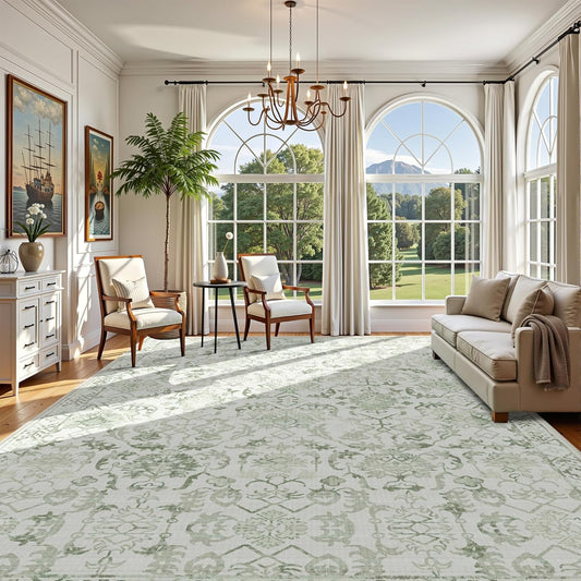 Sage Neutral Large Area Rug10x12 for Living Room, Washable Rug for Dining Room Bedroom, Anti-Slip Low-Pile and Soft Accent Rug Farmhouse Office Home Decor Light Green