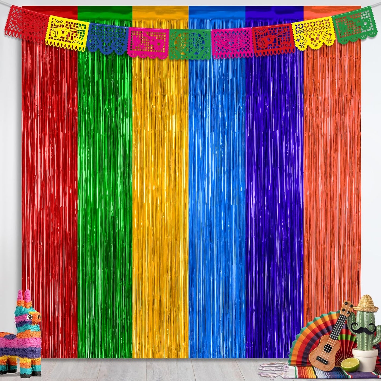 2 Pack Cinco De Mayo Decorations, 3.28 FT x 7.05 FT Fiesta Rainbow Backdrop, Mexican Style Fringe Curtains Tinsel Backdrop Party Streamer, Metallic Taco Party Decorations Mexican Decor