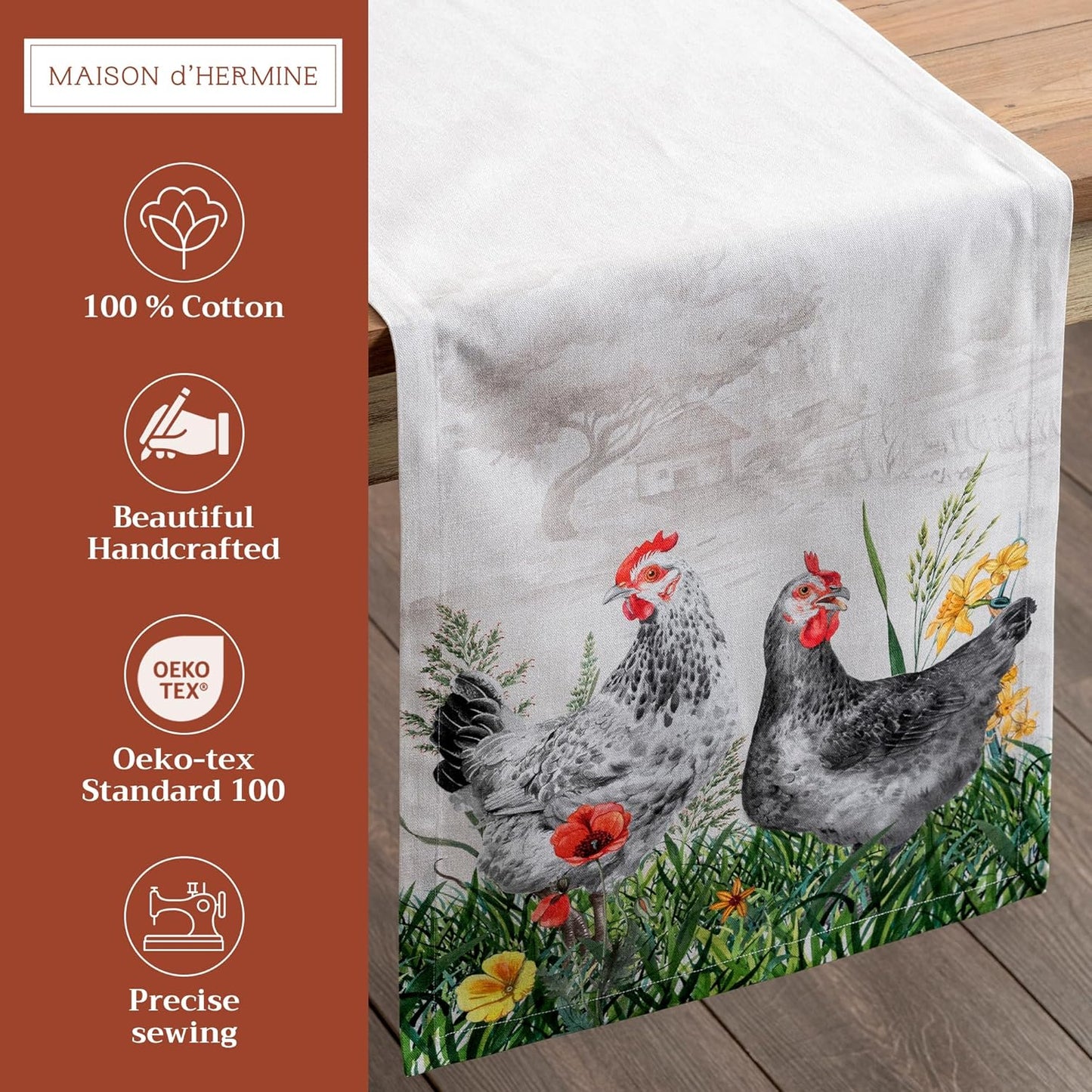 Maison d' Hermine Table runner 100% Cotton Single Layer Table Runners 72 inches long Decorative for Home Kitchen Dining Party Baby Shower Wedding Bridal Shower Spring Summer (Basse Cour, 14.50" x 72")