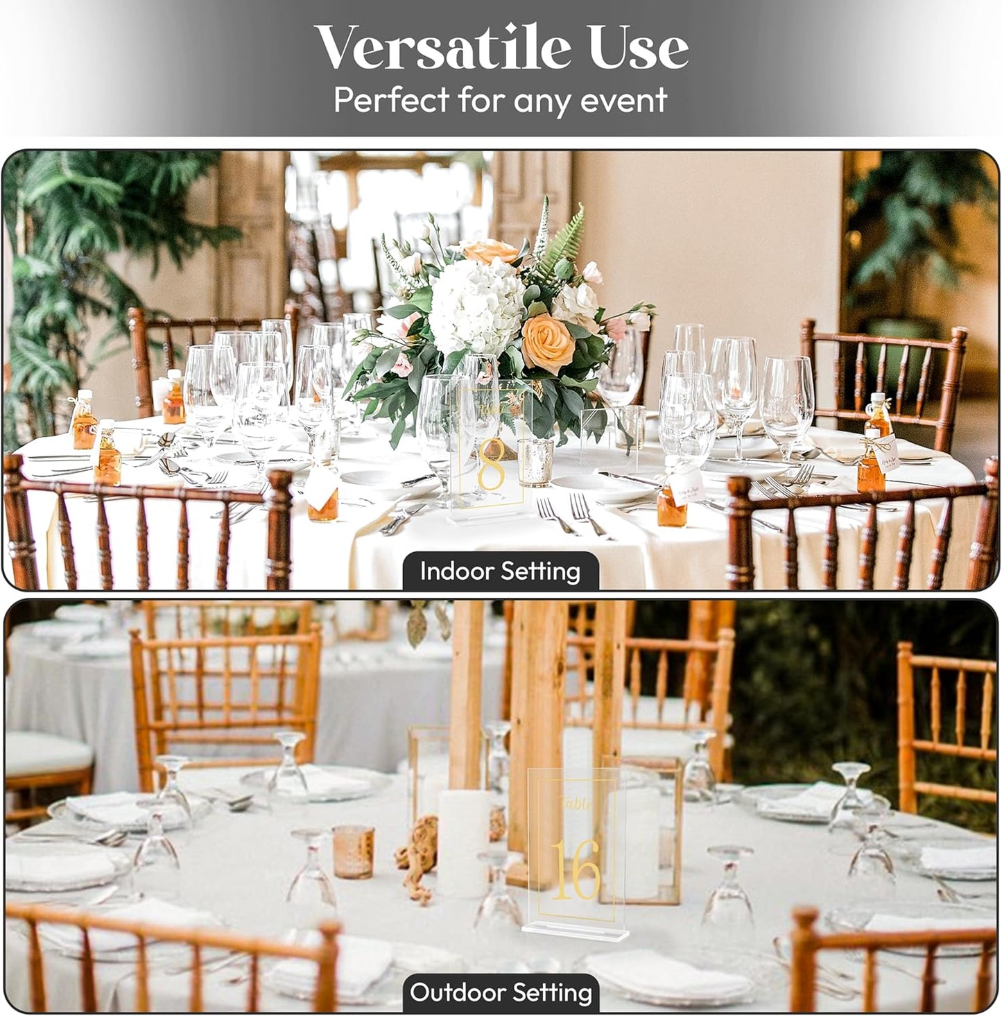 Acrylic Table Numbers 1-20 with Stand, Printed Gold Font on 4x6 inch Acrylic, Clear Table Number Signs and Holders, Centerpiece for Events, Weddings, Reception, Party, Anniversary, and Decoration