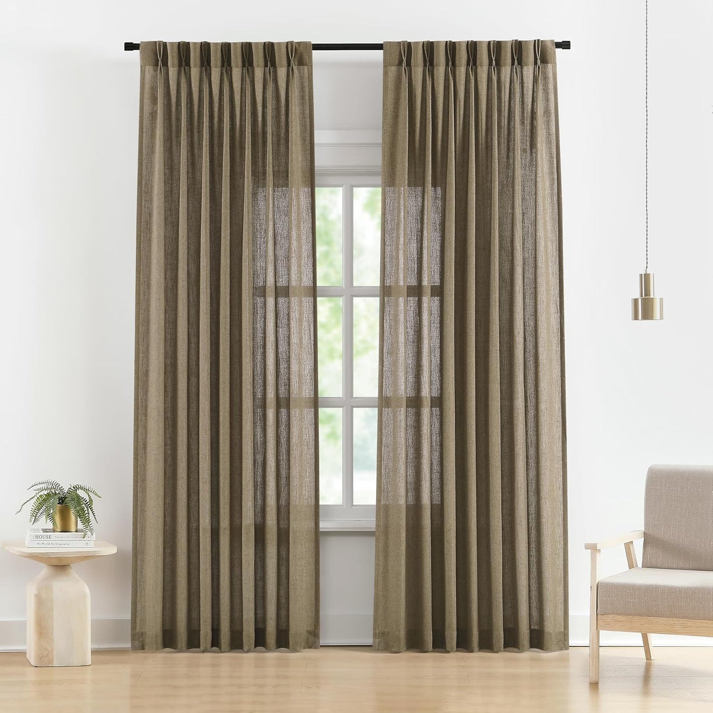 Vision Home Brown Pinch Pleated Semi Sheer Curtains Textured Linen Blended Light Filtering Window Curtains 102 inch for Living Room Bedroom Pinch Pleat Drapes with Hooks 2 Panels 40" Wx102 L