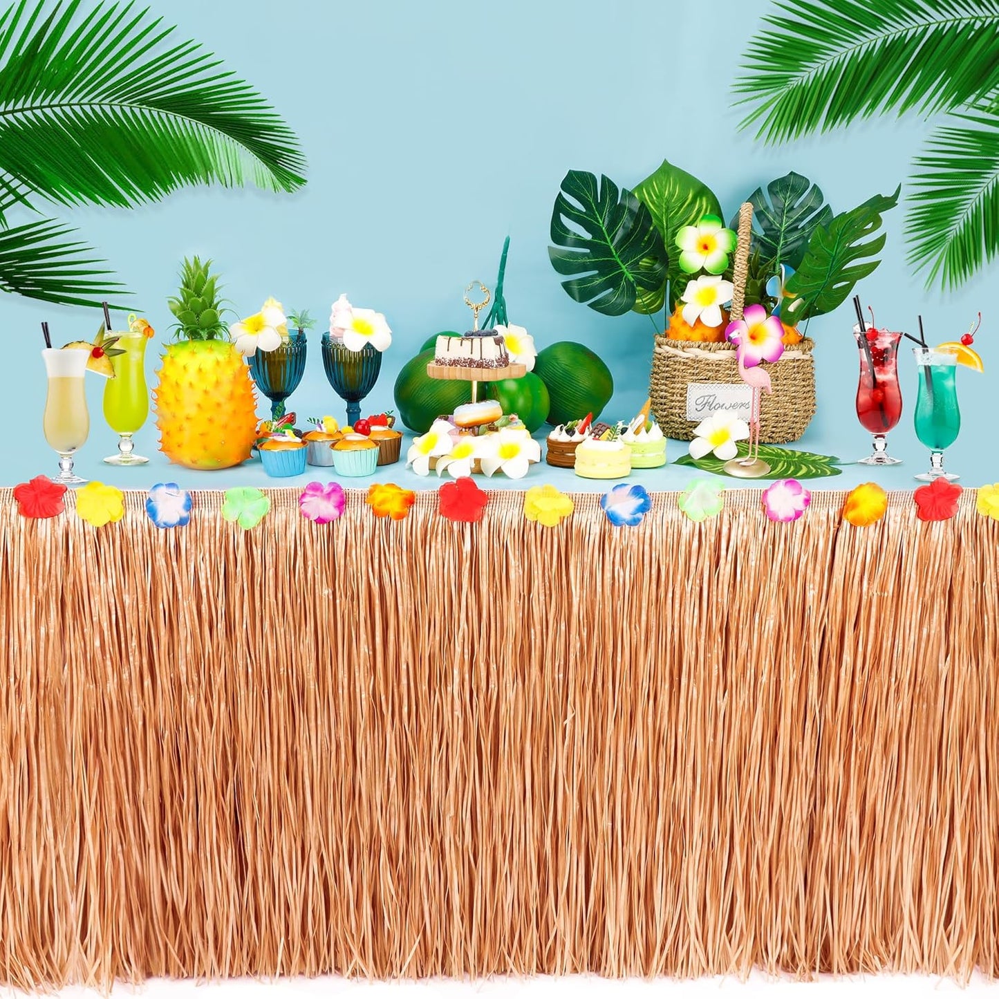 Luau Party Decorations, 1PCS Hawaiian Table Skirt Party Decorations, Luau Flower 108 X 29.5" Grass Table Skirts Luau Party Favors, Luau Table Skirt for Summer Tropical Hula Parties Decor Accessories