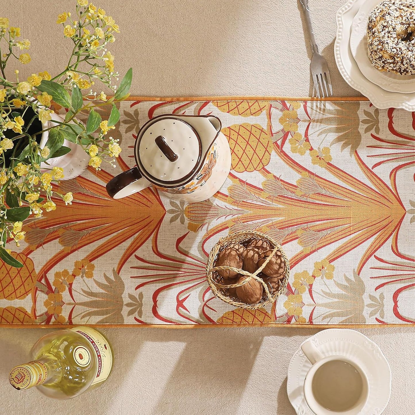 patdrea Designer Tropical Linen Table Runner 71 Inch Long, Yellow Vintage Elegant with Pineapple Pattern Table Mat,Decoration for Kitchen Dining Coffee Table Cover Banquet Christmas , 12"*71"