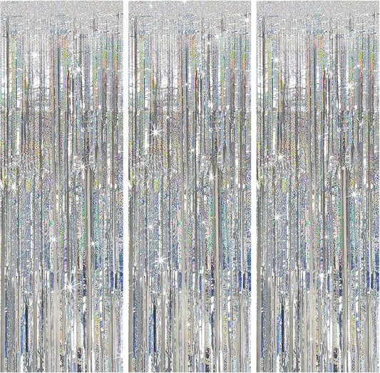 3 Pack Silver Backdrop Curtain Party Decorations Foil Fringe Backdrop Silver Tinsel Streamers Birthday Bachelorette New Year Christmas Wedding Baby Shower Disco Party Decorations