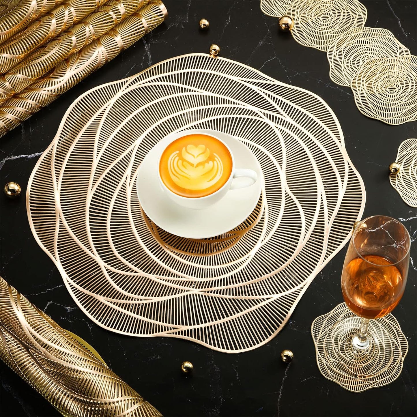 Sieral 48 Set 15 Inch Round Pressed Vinyl Placemats Hollow Out Rose Placemat Set Metallic Slip Resistant Place Mat Coaster Including Place Mats and Coasters for Wedding Dining Kitchen (Gold)