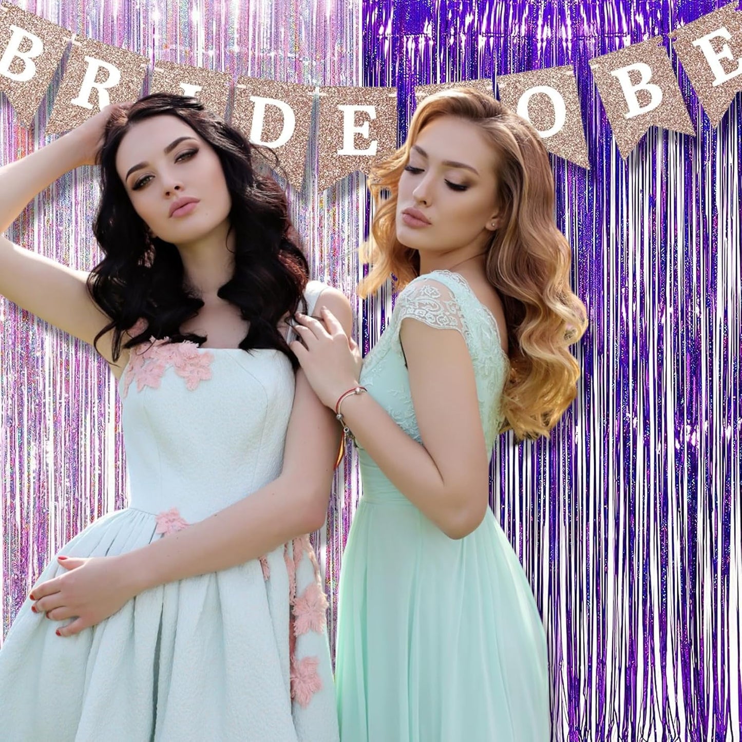 BRAVESHINE 1 Purple 1 Pink Streamers Party Photo Backdrop - 3.2 ft x 8.2 ft Metallic Tinsel Foil Fringe Curtains for Valentine’s Day/Women Birthdays/Engagement/Bridal Shower/Bachelorette Decorations