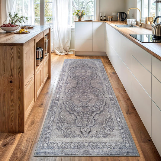 Bloom Rugs Washable Non-Slip 12 ft Runner - Blue/Steel Gray/Beige Traditional Medallion Runner for Entryway, Hallway, Bathroom, and Kitchen - Exact Size: 2.5' x 12'