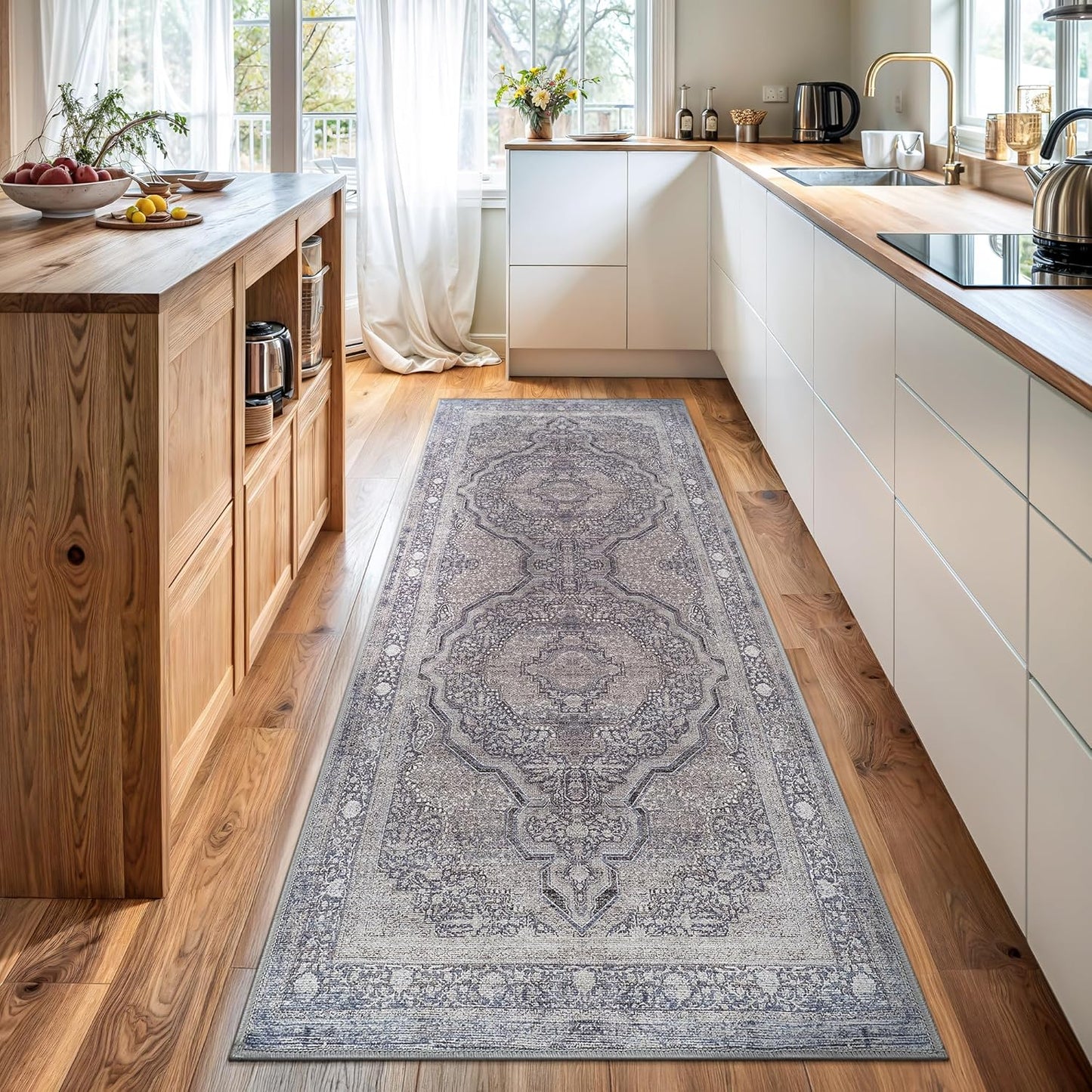 Bloom Rugs Washable Non-Slip 10 ft Runner - Blue/Steel Gray/Beige Traditional Medallion Runner for Entryway, Hallway, Bathroom, and Kitchen - Exact Size: 2.5' x 10'