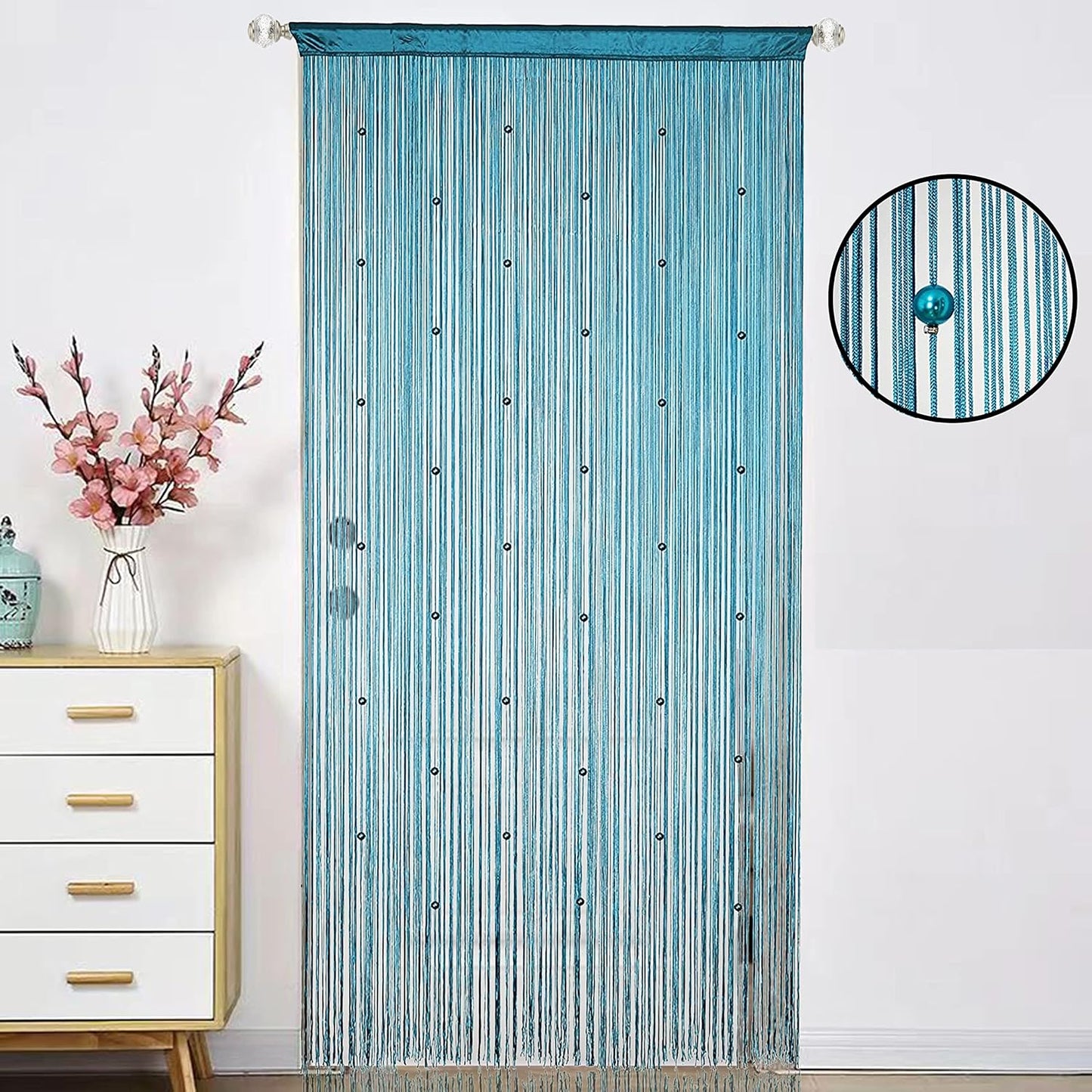 Beaded Doorway Curtain Door Beads Dense String Curtains Fringe Hippie Perfect for Wall Hanging Decor Room Divider Privacy Doors Window Closet Doorways Decorations (100x280cm,Teal Blue)