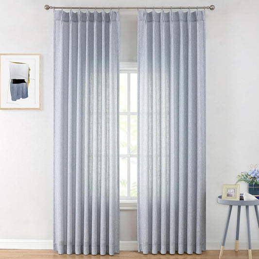Vision Home Blue Pinch Pleated Semi Sheer Curtains Textured Light Filtering Window Curtains 102 inch for Living Room Bedroom Rayon Blend Chambray Blue Pinch Pleat Drapes with Hooks 2 Panels 40"Wx102"L