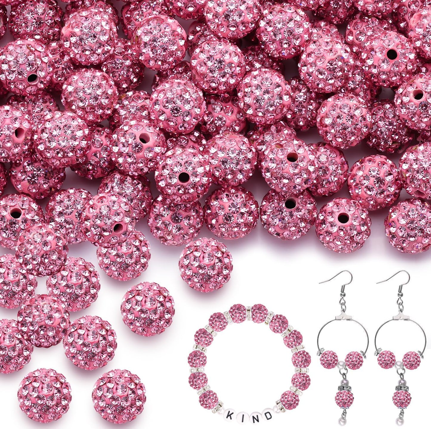 100pcs 10mm Rhinestone Beads for Jewelry Making, Dark Pink Shiny Round Shamballa Disco Ball Beads Bulk, Sparkle Crystal Clay Christmas for Bracelet Baseball Necklace Earring Crafting and DIY