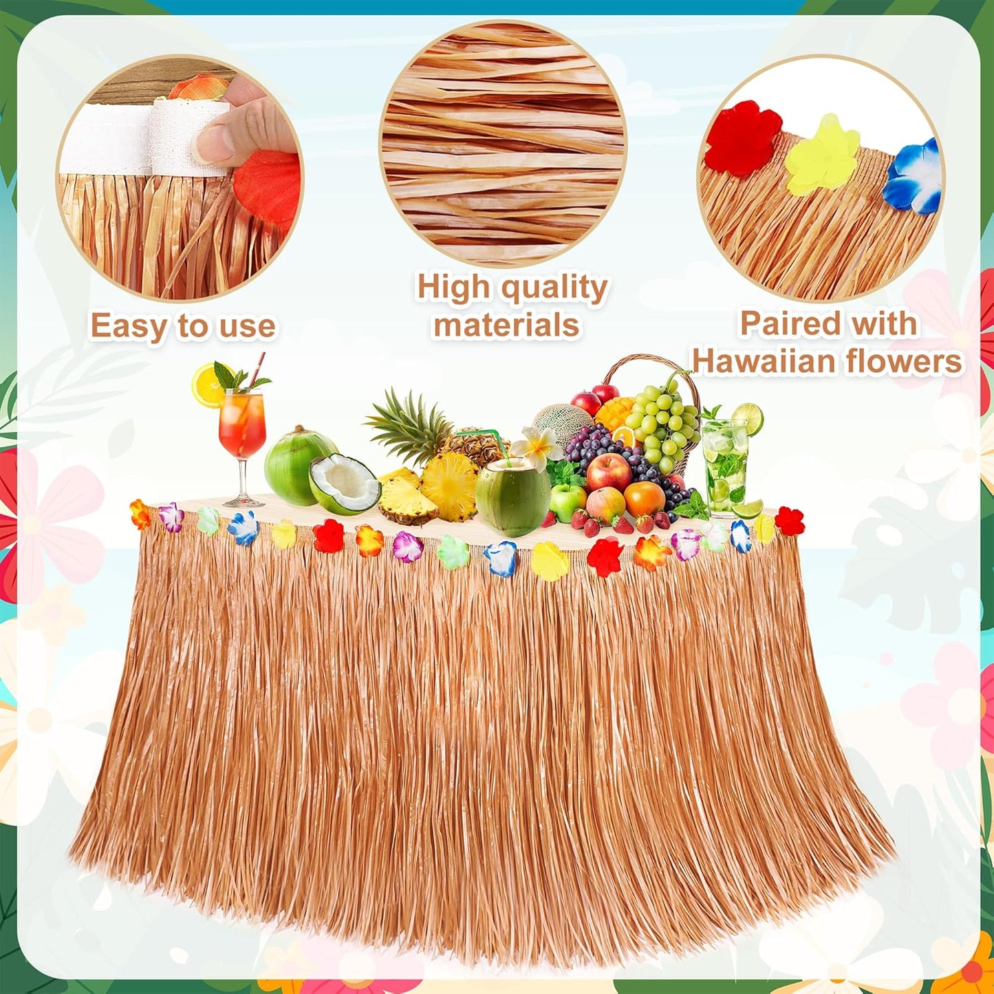Hawaiian Themed Party Decorations, 2PCS Luau Party Table Skirt Decorations, 108 X 29.5" Table Skirt Flower Tropical Hula Dance Parties Supplies, Grass Table Skirt for Summer Beach Themed Party