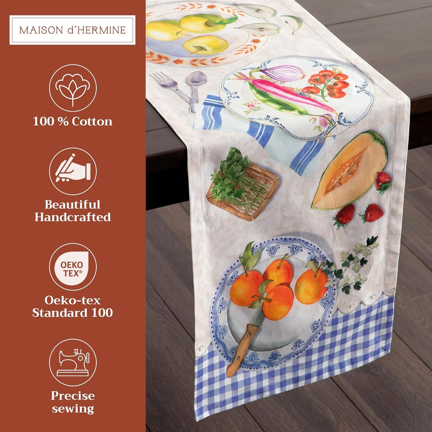 Maison d' Hermine Table Runner 100% Cotton Single Layer Table Runners 72 inches Long Decorative for Home Kitchen Dining Party Baby Shower Wedding Bridal Shower Spring Summer (Gourmand, 14.50" x 72")
