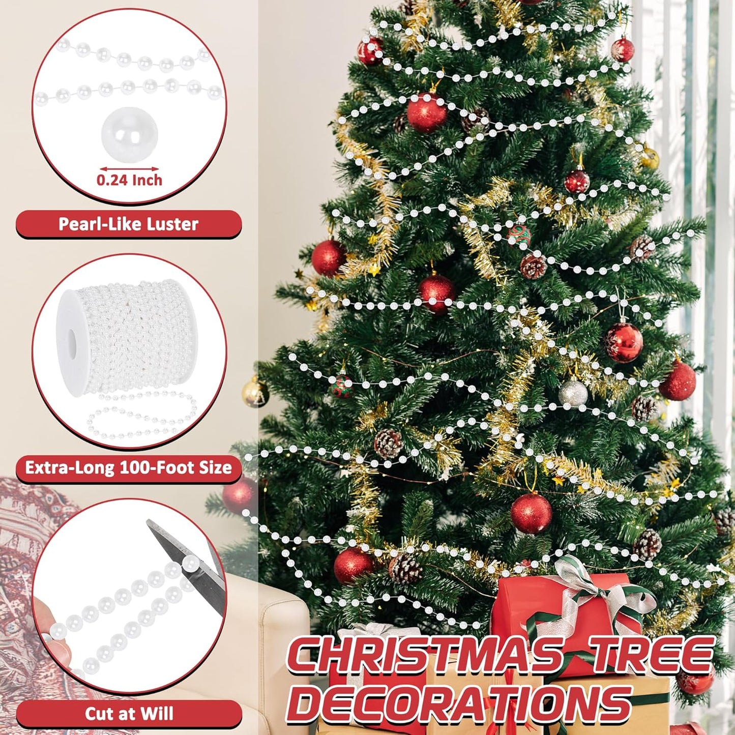 100 Feet White Christmas Tree Garland, Artificial Beads Strands Chain, Christmas Tree Decorations for DIY Xmas Tree Decorations Fireplace Balcony Home Party Decor