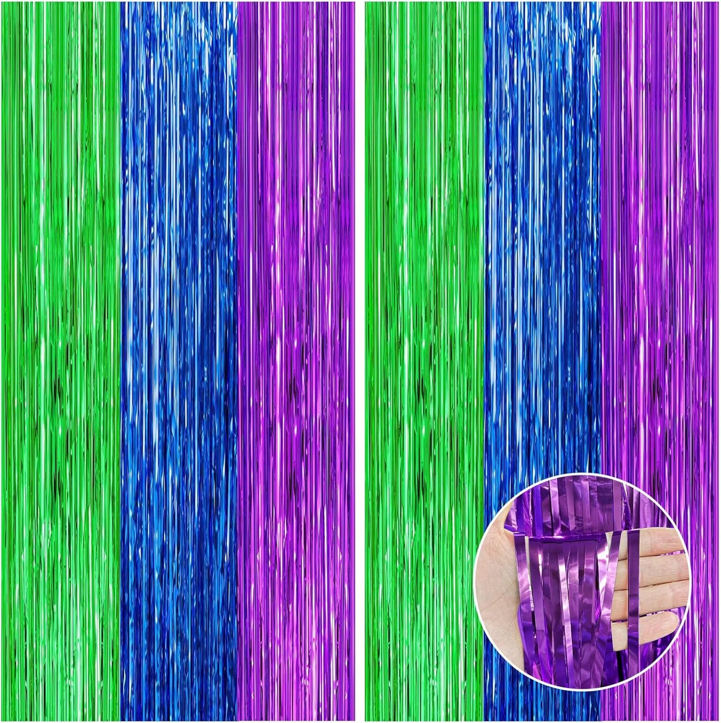 CANREVEL 2 Pack 3.3x8.2 Feet Green Blue and Purple Foil Fringe Backdrop Curtains, Tinsel Streamers Birthday Party Decorations, Photo Booth Props Backdrop for Graduation, Carnival, Baby Shower