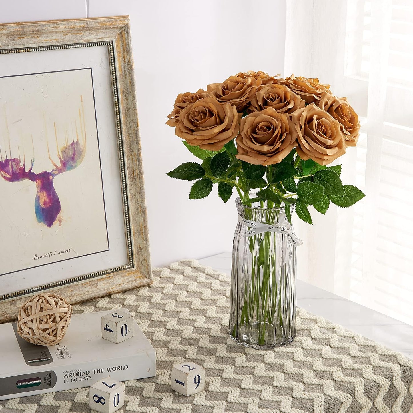 Artificial Rose 10pcs Open Flower Bouquet Faux Rose Stems for Wedding Arrangement, Bridal Bouquet, Centerpiece, Fake Faux Silk Flowers (Toffee)