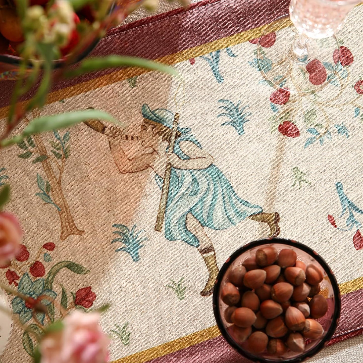 patdrea Designer Idyll Linen Table Runner, Vintage Beige Farmhouse with Ancient Spring Figure and Fruit Trees Pattern Table Mat, Decoration for Kitchen Dining Banquet Christmas ,12"*87"